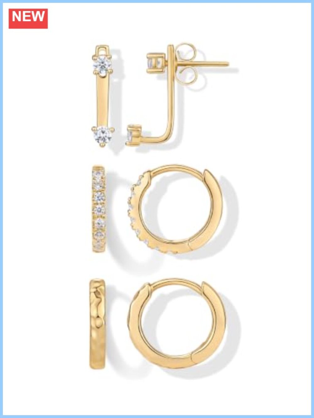 14K Gold Plated Huggie Hoop Earrings 3 Pack Cubic Zirconia Stackable Set